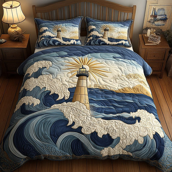 The Guiding Light quilted 3-piece bedding set on a made bed with two matching pillow shams