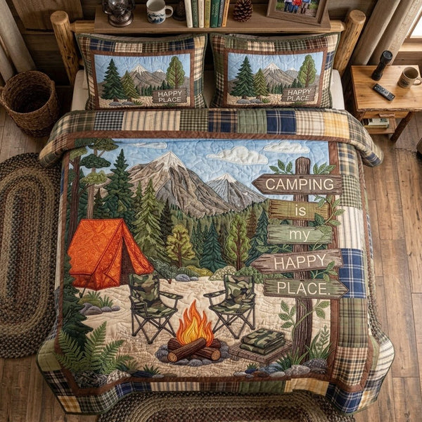 The Happy Camper Heritage quilted 3-piece bedding set on a made bed in a farmhouse bedroom