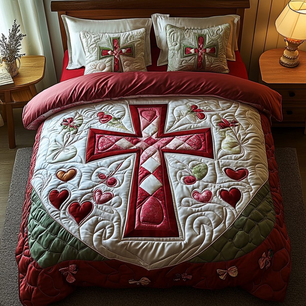 The Heart Garden quilted 3-piece bedding set on a made bed with two matching pillow shams