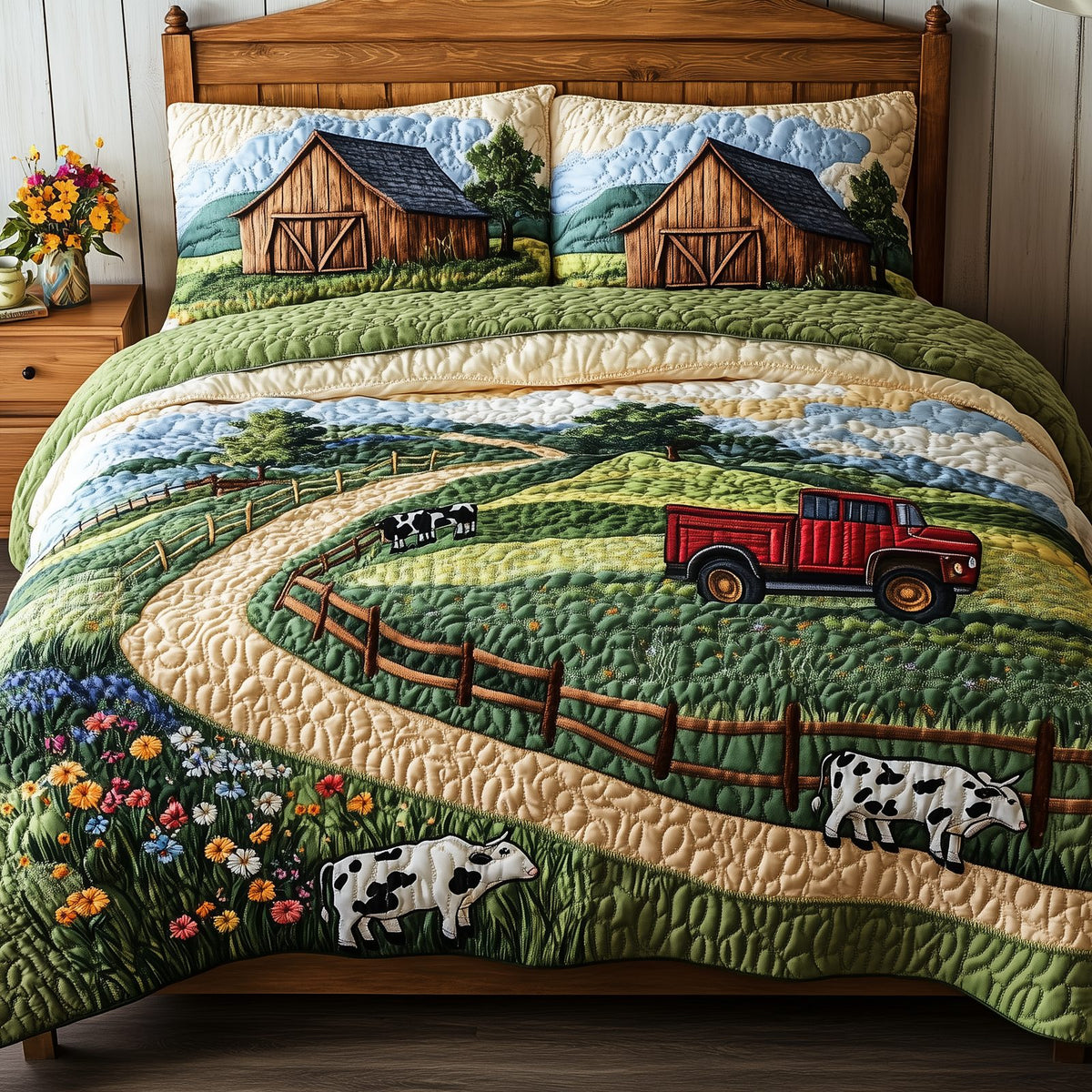 The Heart of the Farm quilted 3-piece bedding set on a made bed with two matching pillow shams
