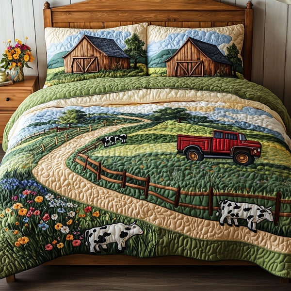 The Heart of the Farm quilted 3-piece bedding set on a made bed with two matching pillow shams