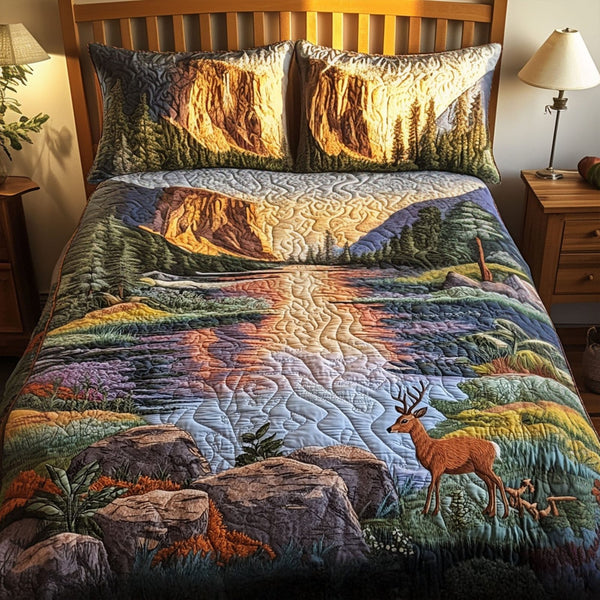 The Heart of Yosemite quilted 3-piece bedding set on a made bed with two matching pillow shams