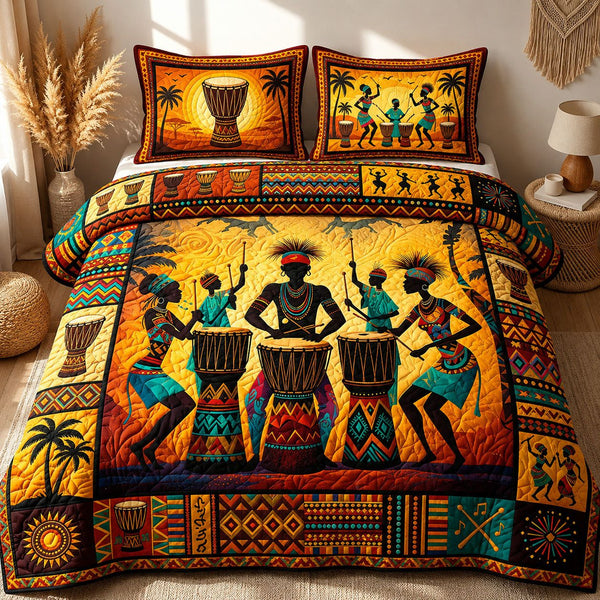 The Heartbeat Of Africa quilted 3-piece bedding set on a made bed with two matching pillow shams