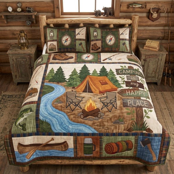The Hearthside Hiker quilted 3-piece bedding set on a made bed with two matching pillow shams