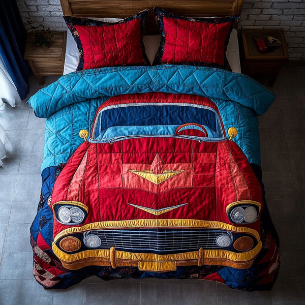 The Iconic Ride quilted 3-piece bedding set on a made bed with two matching pillow shams