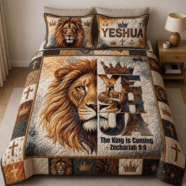 The King Is Coming quilted 3-piece bedding set on a made bed with two matching pillow shams