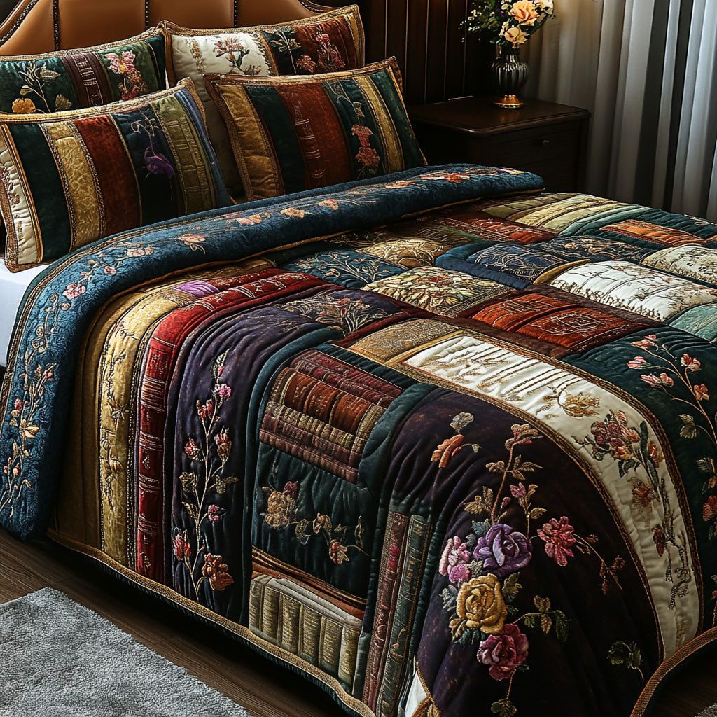 The Knowledge Grove quilted 3-piece bedding set on a made bed with two matching pillow shams