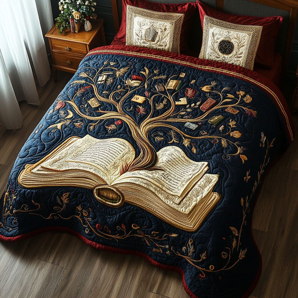 The Knowledge Tree quilted 3-piece bedding set on a made bed with two matching pillow shams