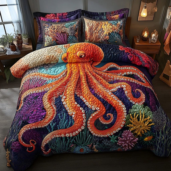 The Kraken Touch quilted 3-piece bedding set on a made bed with two matching pillow shams