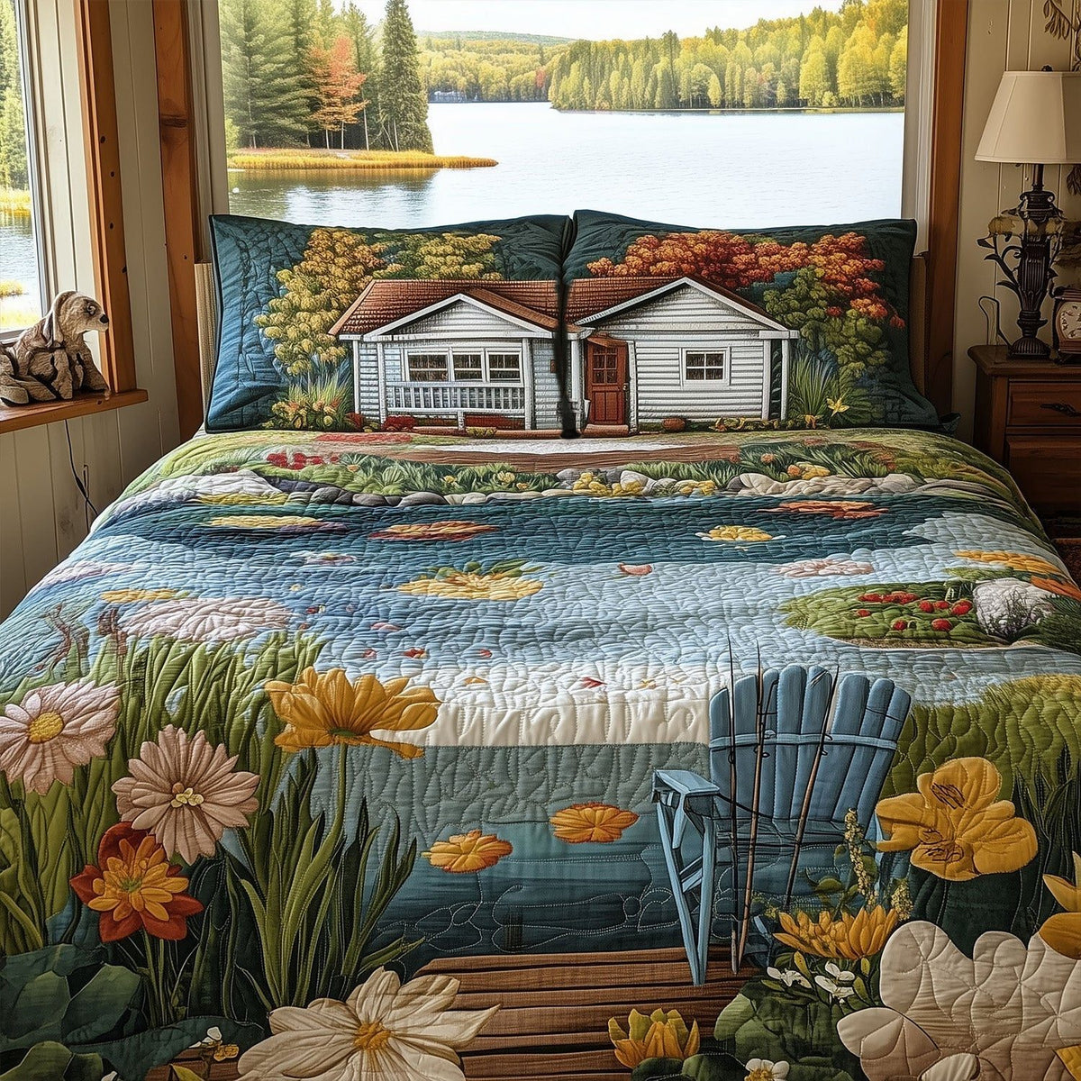 The Lake Escape quilted 3-piece bedding set on a made bed with two matching pillow shams