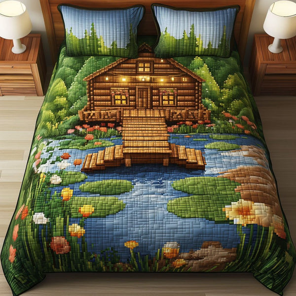 The Lazy Fisher quilted 3-piece bedding set on a made bed with two matching pillow shams