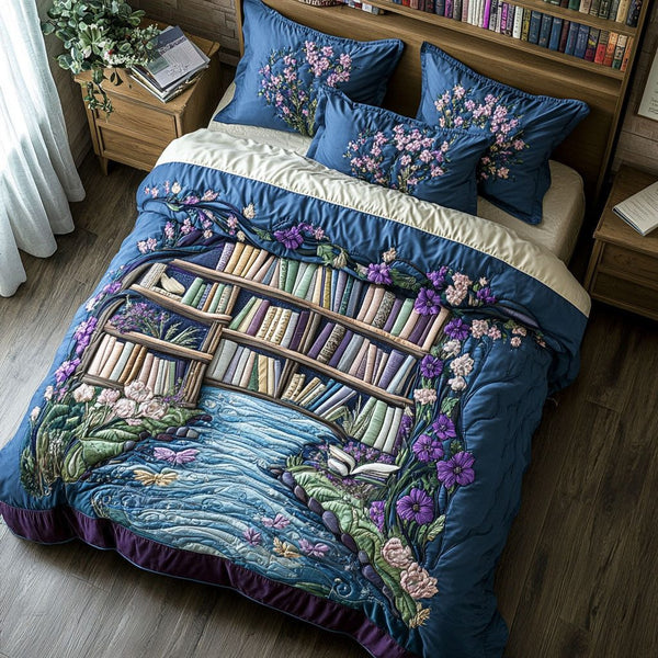 The Library of Dreams quilted 3-piece bedding set on a made bed with two matching pillow shams