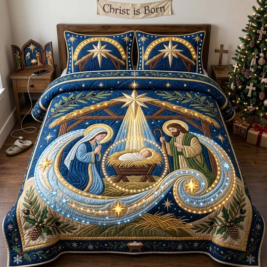 The Lightof Bethlehem quilted 3-piece bedding set on a made bed with two matching pillow shams