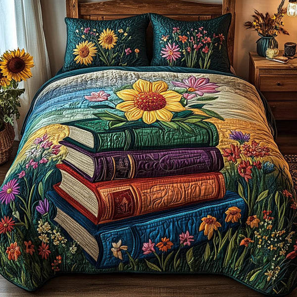 The Literary Escape quilted 3-piece bedding set on a made bed with two matching pillow shams