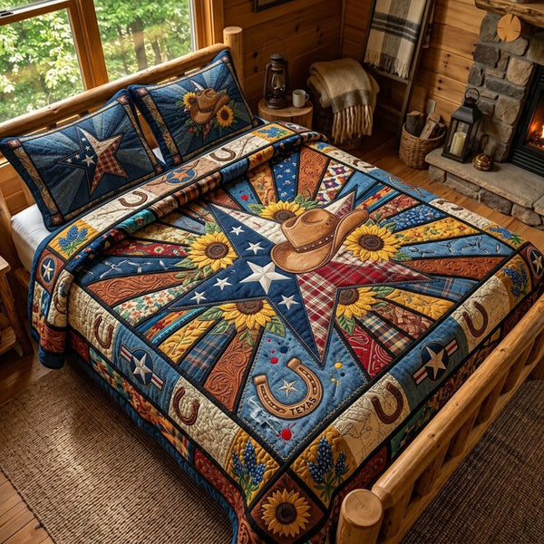 The Lone Star State quilted 3-piece bedding set on a made bed with two matching pillow shams
