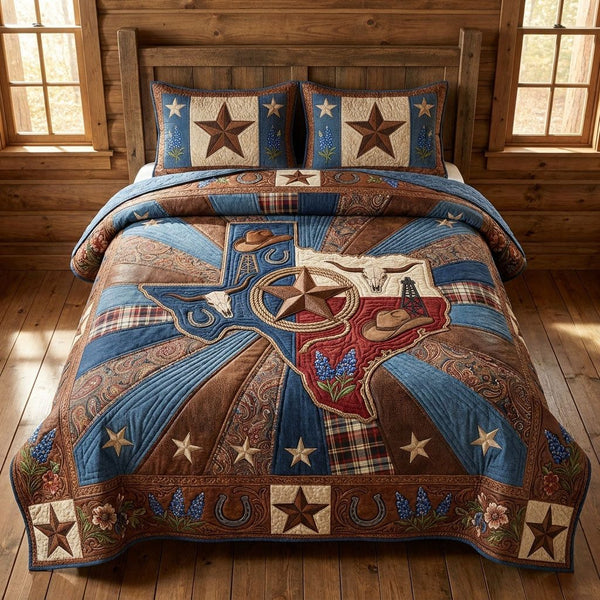 The Lone Star State quilted 3-piece bedding set on a made bed with two matching pillow shams
