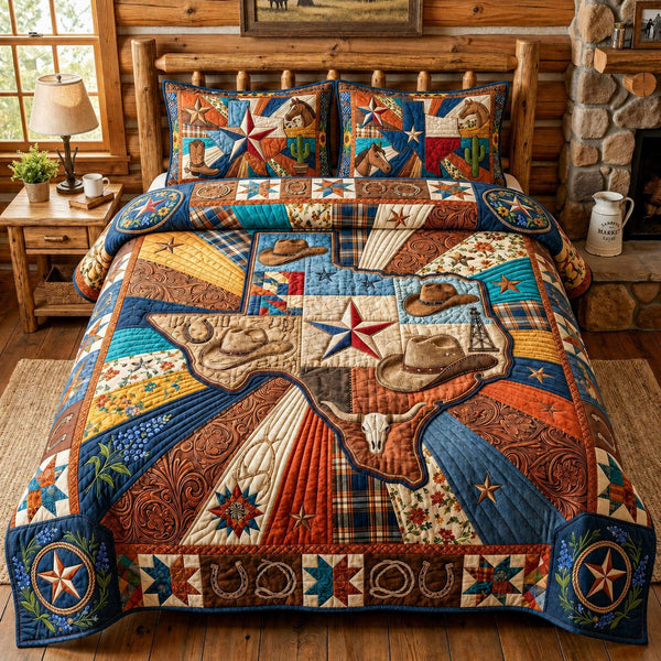 The Lone Star State quilted 3-piece bedding set on a made bed with two matching pillow shams