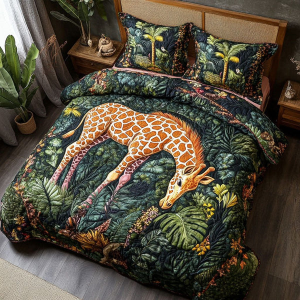 The Long Neck Lodge quilted 3-piece bedding set on a made bed with two matching pillow shams