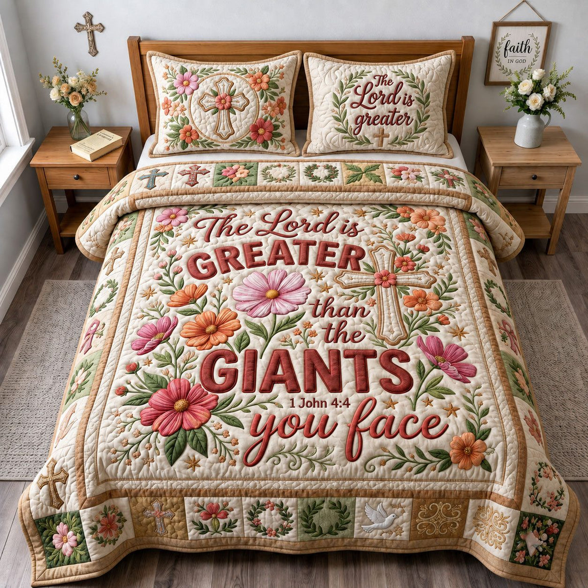 The Lord Is Greater quilted 3-piece bedding set on a made bed in a softly lit bedroom