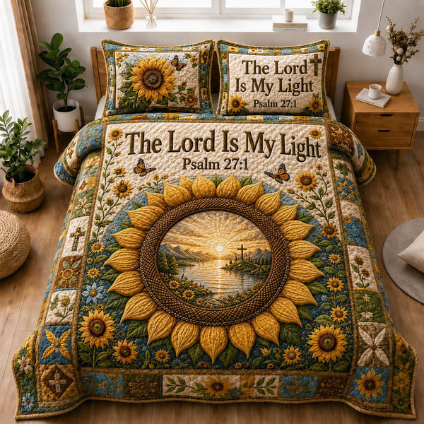 The Lord Is My Light Sunflower quilted 3-piece bedding set on a made bed in a softly lit bedroom