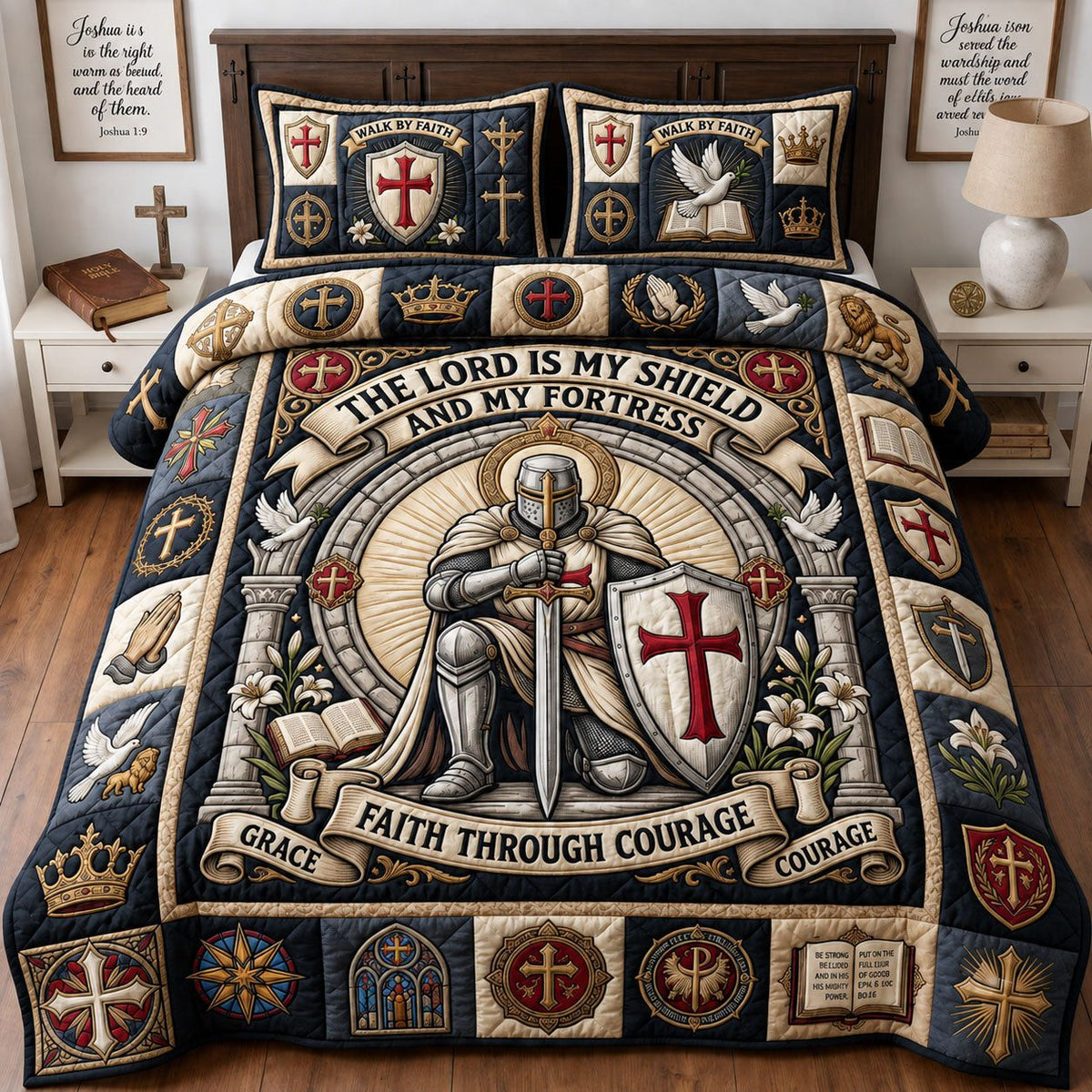 The Lord Is My Shield quilted 3-piece bedding set on a made bed in a softly lit bedroom