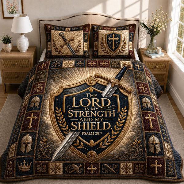 The Lord Is My Strength And My Shield quilted 3-piece bedding set on a made bed in a softly lit bedroom