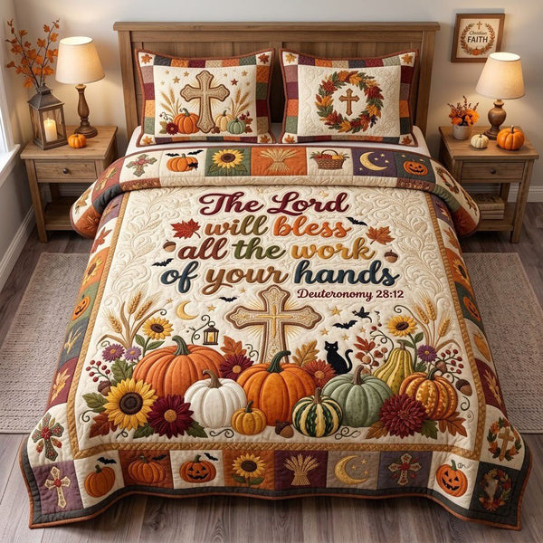 The Lord Will Bless quilted 3-piece bedding set on a made bed in a softly lit bedroom