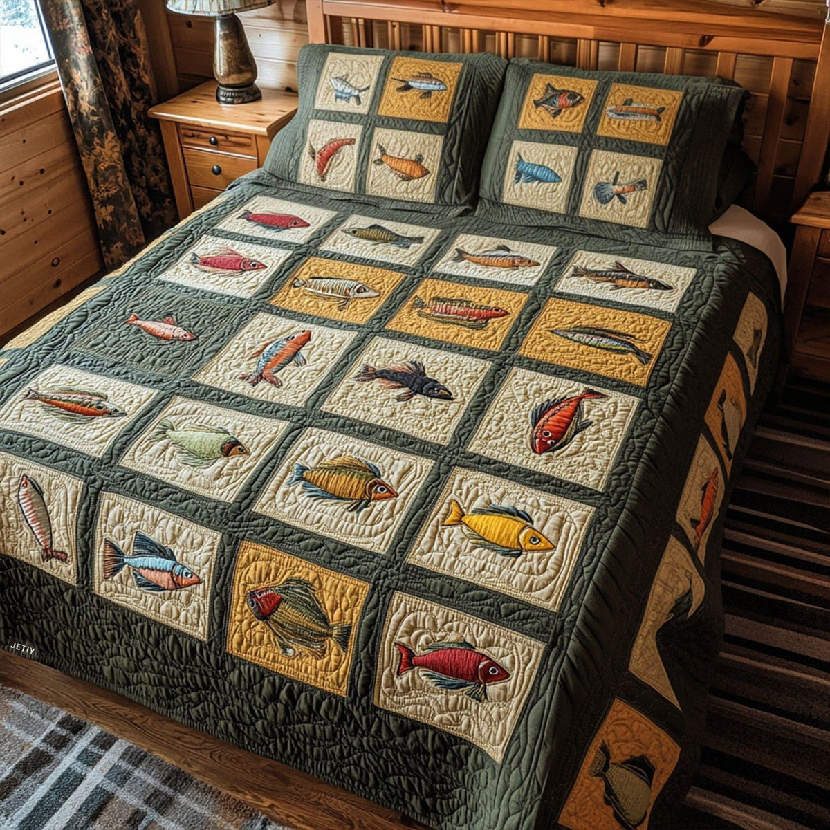 The Lure Collection quilted 3-piece bedding set on a made bed with two matching pillow shams