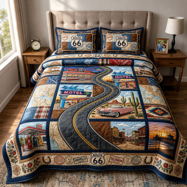 The Mother Road Story quilted 3-piece bedding set on a made bed with two matching pillow shams