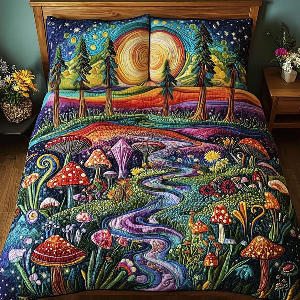 The Mushroom Dream quilted 3-piece bedding set on a made bed with two matching pillow shams