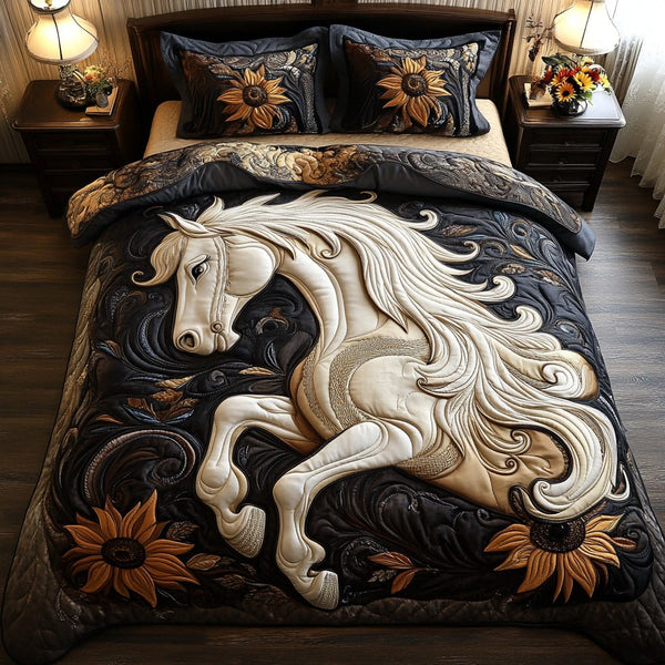 The Noble Steed quilted 3-piece bedding set on a made bed with two matching pillow shams