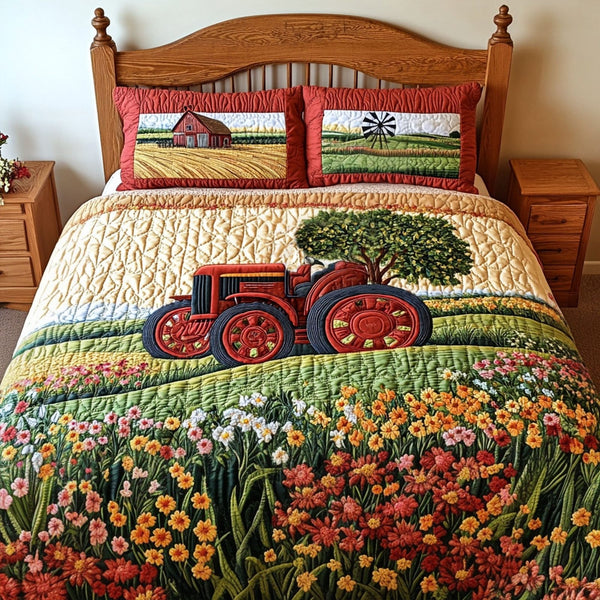 The Old Farmall quilted 3-piece bedding set on a made bed with two matching pillow shams