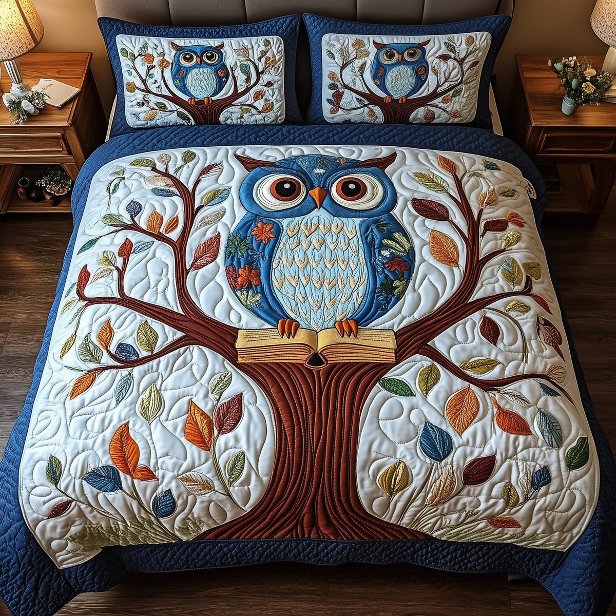 The Owlchemy quilted 3-piece bedding set on a made bed with two matching pillow shams