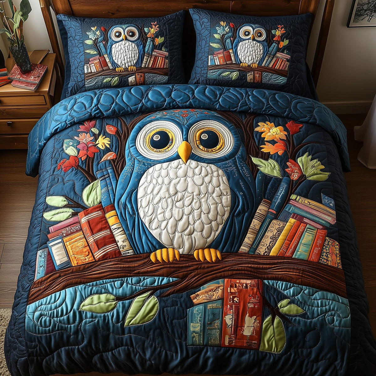 The Owlchemy quilted 3-piece bedding set on a made bed with two matching pillow shams