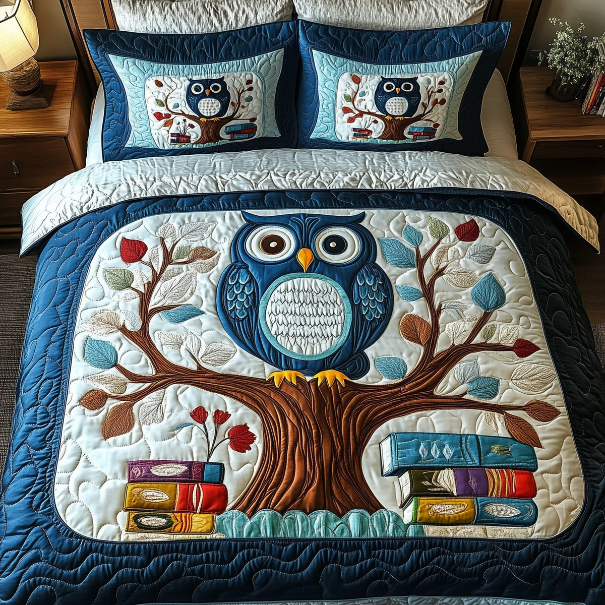 The Owlchemy quilted 3-piece bedding set on a made bed with two matching pillow shams