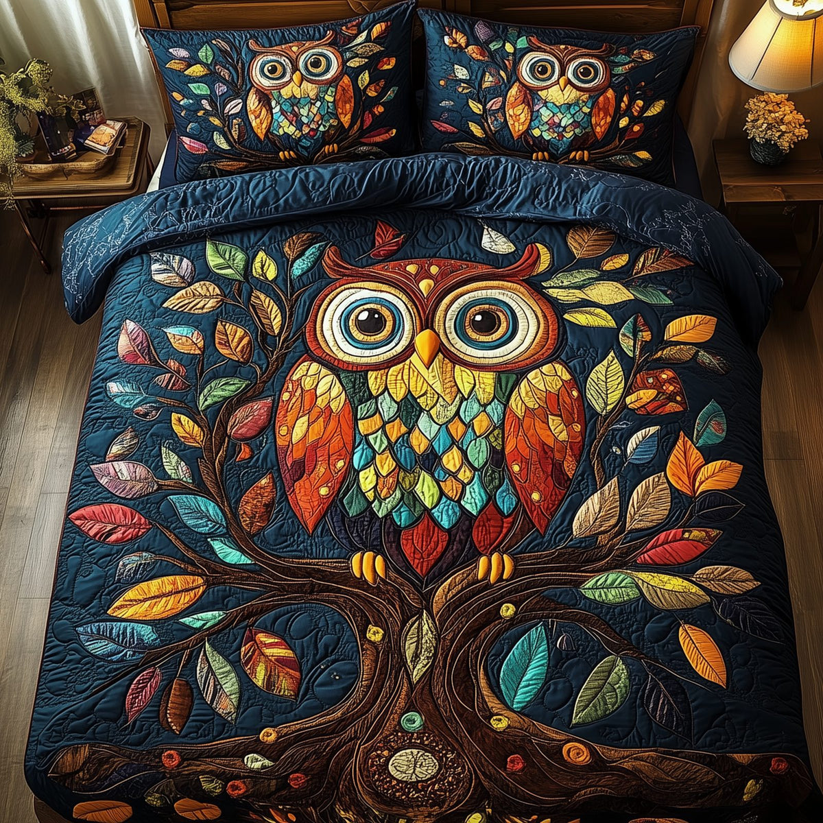 The Owlchemy quilted 3-piece bedding set on a made bed with two matching pillow shams