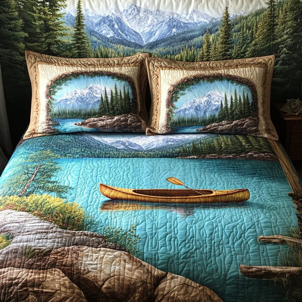 The Paddle Experience quilted 3-piece bedding set on a made bed with two matching pillow shams