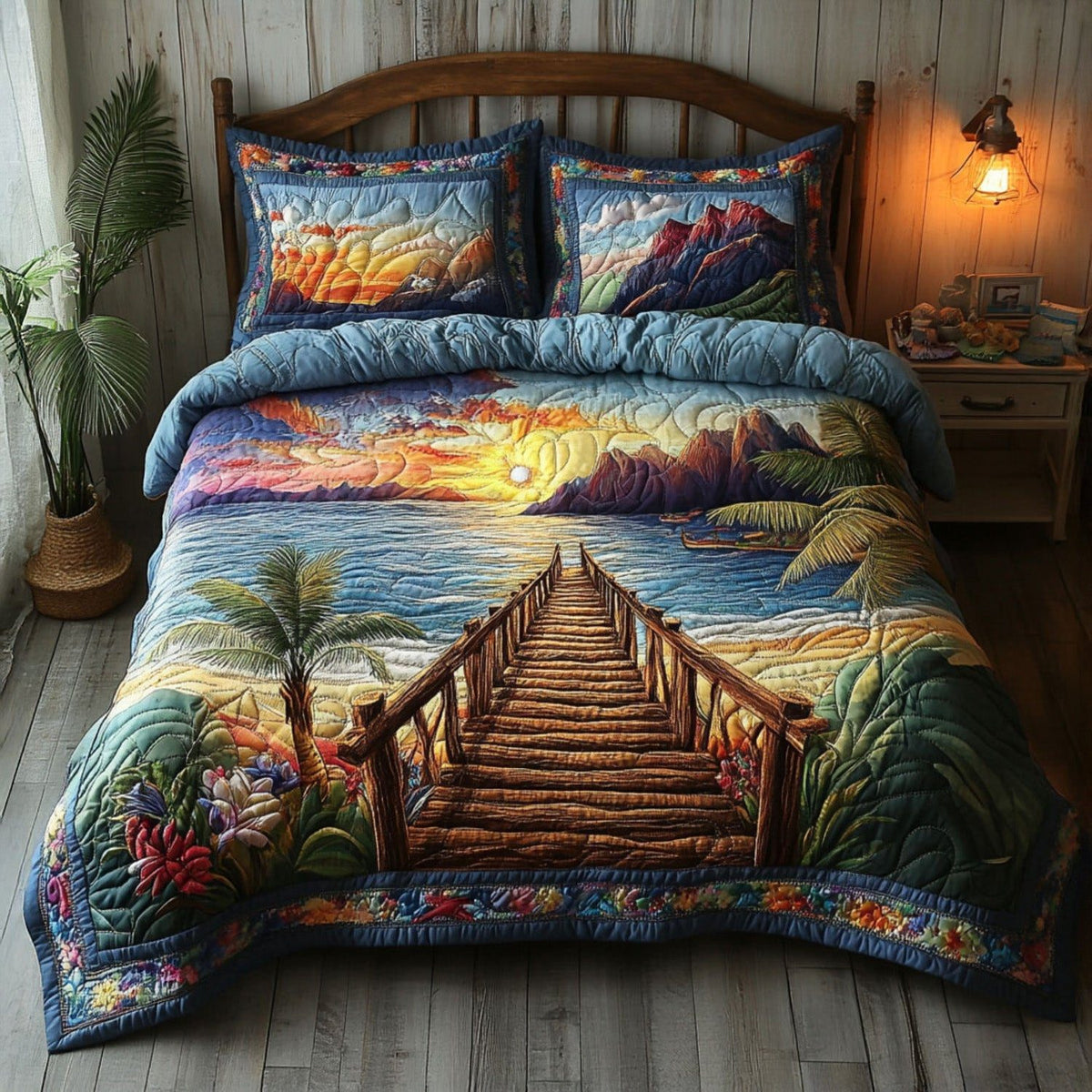The Path to the Sea quilted 3-piece bedding set on a made bed in a light coastal bedroom