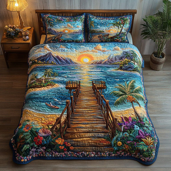 The Pier of Tranquility quilted 3-piece bedding set on a made bed with two matching pillow shams