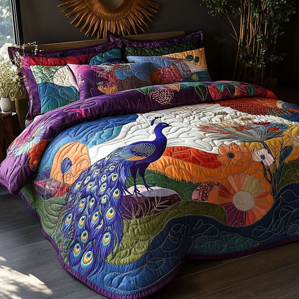 The Plumed Horizon quilted 3-piece bedding set on a made bed with two matching pillow shams