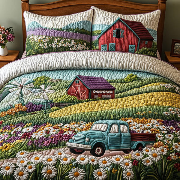 The Quiet Barn quilted 3-piece bedding set on a made bed in a farmhouse bedroom