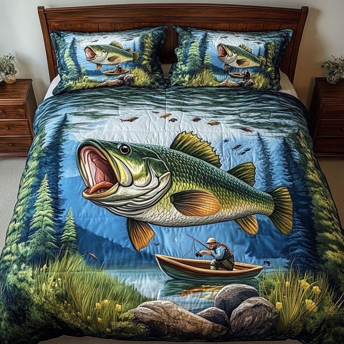 The Quiet Catch quilted 3-piece bedding set on a made bed with two matching pillow shams