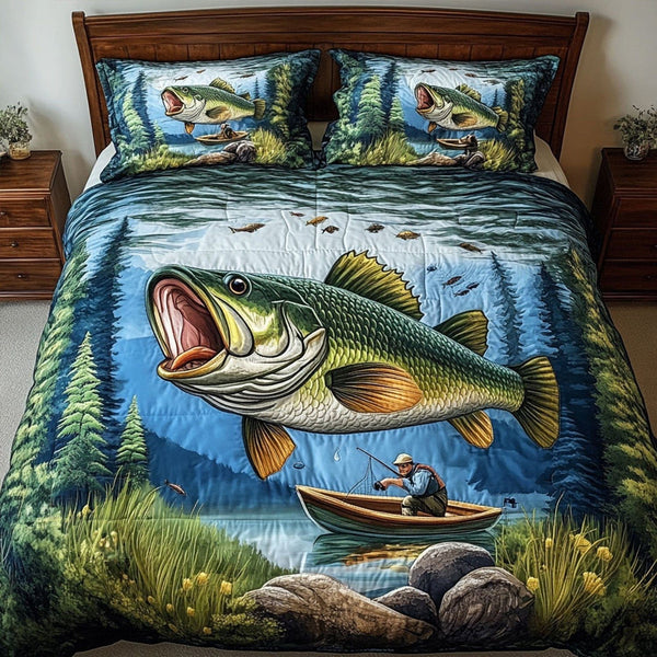 The Quiet Catch quilted 3-piece bedding set on a made bed with two matching pillow shams