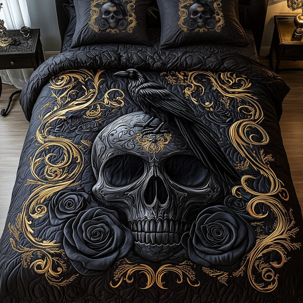 The Raven Dark Requiem quilted 3-piece bedding set on a made bed against a dark styled interior