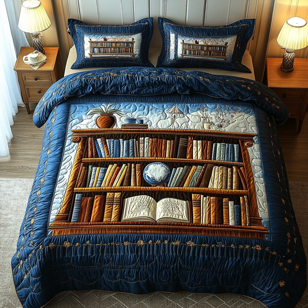 The Reading Nest quilted 3-piece bedding set on a made bed with two matching pillow shams