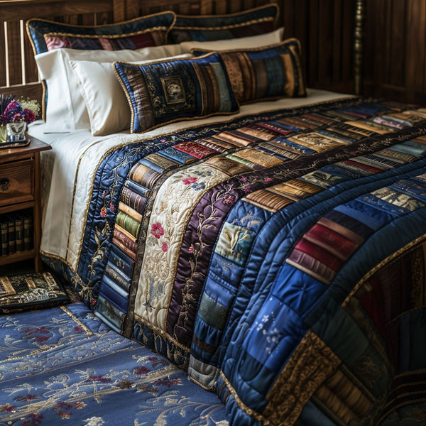 The Reading Retreat quilted 3-piece bedding set on a made bed with two matching pillow shams
