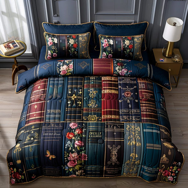 The Reading Rose quilted 3-piece bedding set on a made bed with two matching pillow shams