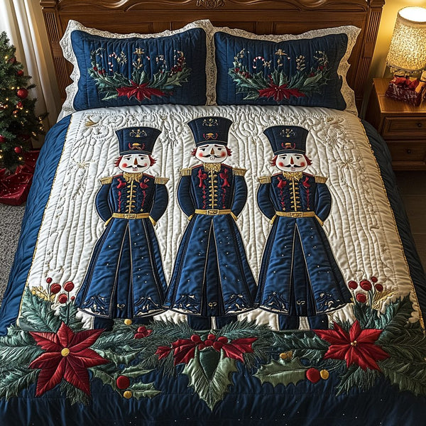 The Regal Nutcracker Touch quilted 3-piece bedding set on a made bed in a winter-styled bedroom