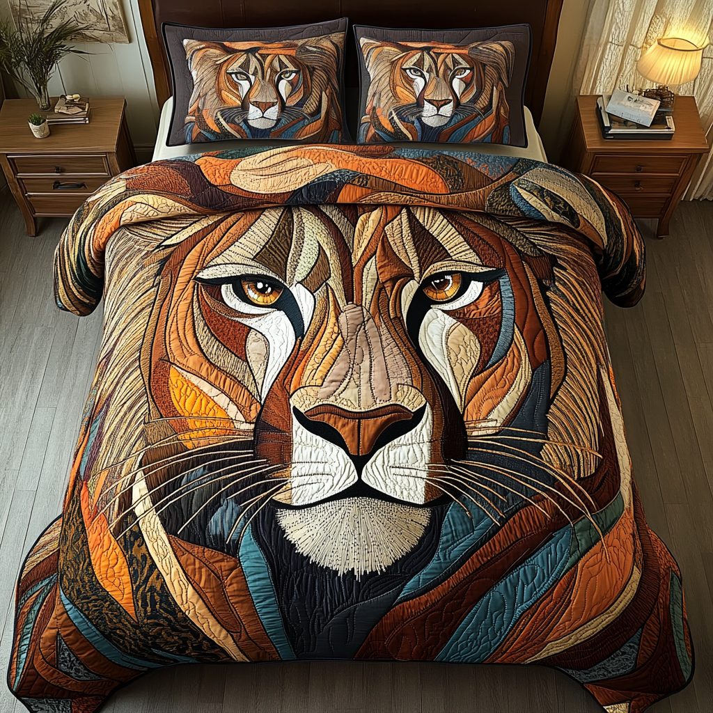 The Regal Roar quilted 3-piece bedding set on a made bed with two matching pillow shams