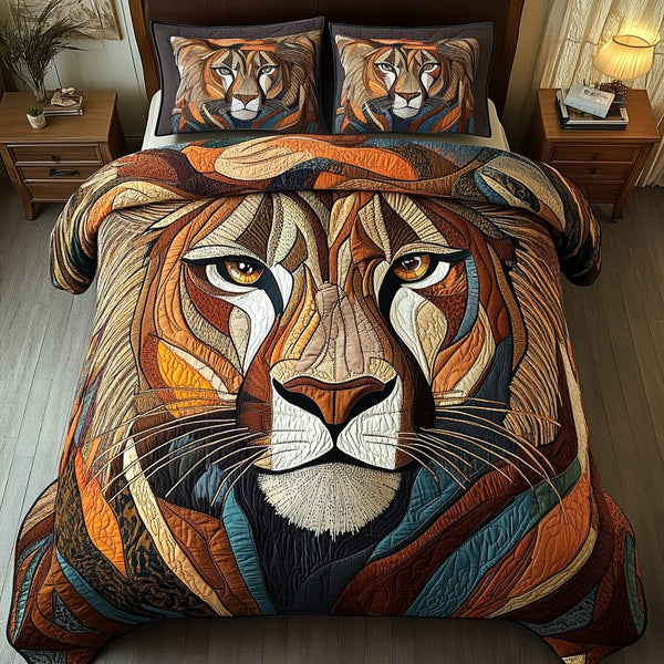 The Regal Roar quilted 3-piece bedding set on a made bed with two matching pillow shams